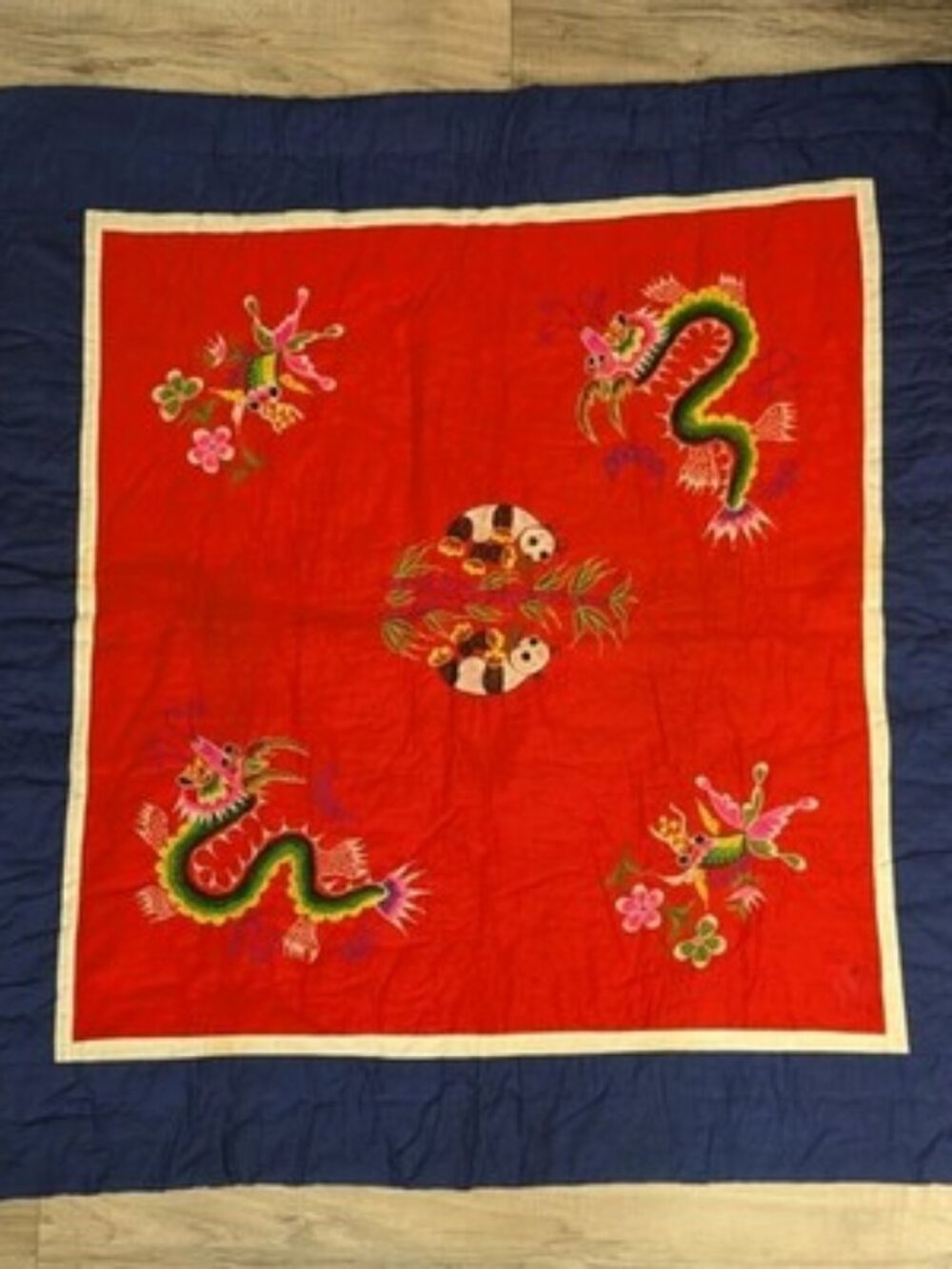 Vintage Chinese Embroidered Patchwork Quilt Blanket Dragon Panda Silk Throw